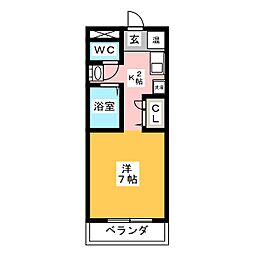 サンライズ中原 2階1Kの間取り