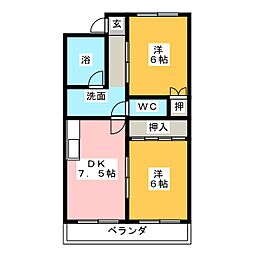 屋根星ハイツ 2DKの間取図画像