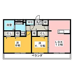 プリムヴェール 2LDKの間取図画像