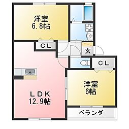 プリムヴェール稲葉 2LDKの間取図画像