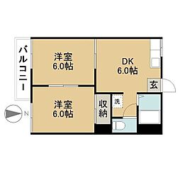 グリーンコーポ蟹江　D棟 2階2DKの間取り