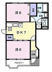 グレイスフルハイムヤマモト 2DKの間取図画像