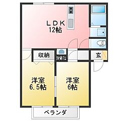 サンビレッジ割田B 2LDKの間取図画像