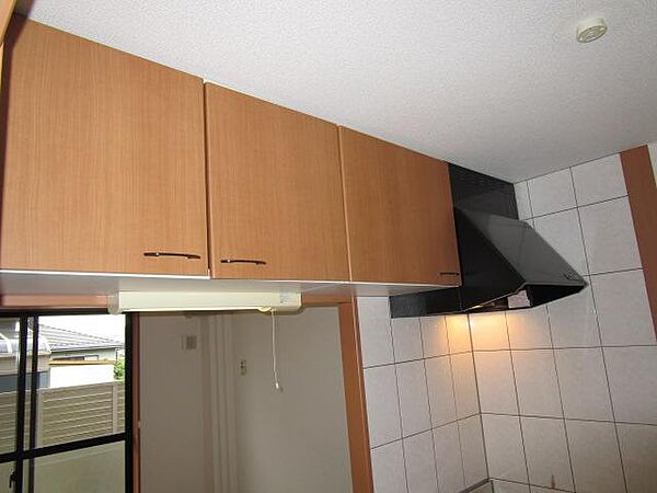キッチン：キッチン上部の収納棚と換気扇です。