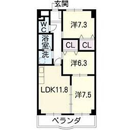 ロイヤル芝原北館 2階3LDKの間取り