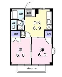 クリスタルハイツ平賀B 2DKの間取図画像