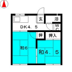 弓削ハイツ 2DKの間取図画像