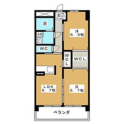 ブルースカイマンションVII 4階2DKの間取り