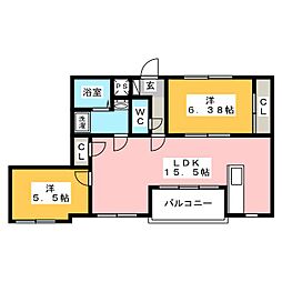 ウッドベルステージ 2階2LDKの間取り