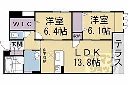 JR山陰本線 円町駅 徒歩8分の賃貸マンション 1階2LDKの間取り