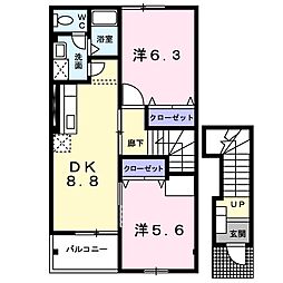 イースト　スクエア　A 2階2DKの間取り