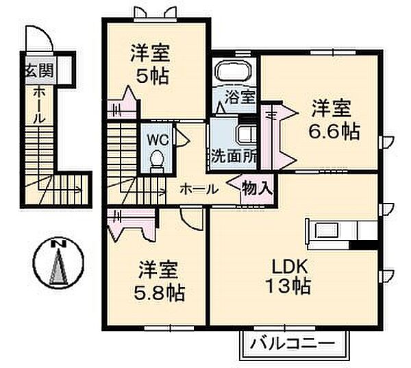 シャーメゾン　ダンディライオン　E棟 ｜山口県下関市川中豊町５丁目(賃貸アパート3LDK・2階・69.96㎡)の写真 その2