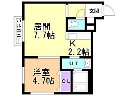 リデーレ菊水II 2階1LDKの間取り