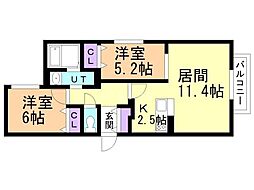 JR函館本線 白石駅 徒歩17分の賃貸マンション 2階2LDKの間取り