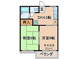 ドミール厨子奥C 2DKの間取図画像