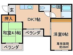 ヴィラ勧修寺 2DKの間取図画像