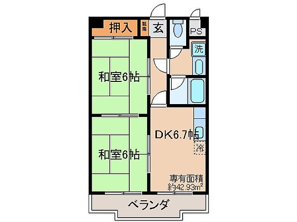 京都府城陽市平川古宮(賃貸マンション2DK・2階・42.93㎡)の写真 その2
