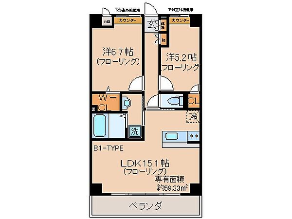 京都府宇治市大久保町久保(賃貸マンション2LDK・6階・59.33㎡)の写真 その2