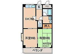 近鉄京都線 向島駅 徒歩13分の賃貸マンション 2階2DKの間取り