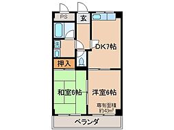 近鉄京都線 向島駅 徒歩13分の賃貸マンション 3階2DKの間取り