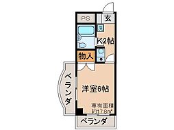 京都地下鉄東西線 山科駅 徒歩2分の賃貸マンション 2階1Kの間取り