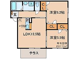 近鉄京都線 富野荘駅 徒歩7分の賃貸マンション 1階2LDKの間取り