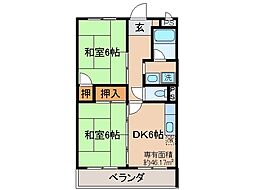JR奈良線 黄檗駅 徒歩12分の賃貸マンション 2階2DKの間取り