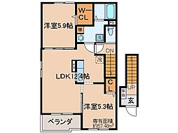 京都地下鉄東西線 石田駅 徒歩21分の賃貸アパート 2階2LDKの間取り
