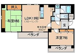 近鉄京都線 大久保駅 徒歩4分の賃貸マンション 2階2LDKの間取り