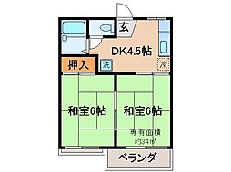 京都地下鉄東西線 山科駅 徒歩13分の賃貸アパート 2階2DKの間取り