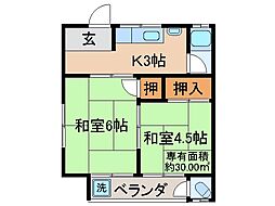 JR奈良線 六地蔵駅 徒歩15分の賃貸アパート 1階2Kの間取り