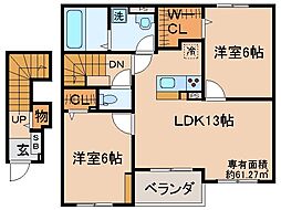 近鉄京都線 寺田駅 徒歩6分の賃貸アパート 2階1LDKの間取り