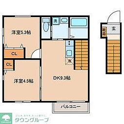 西武多摩川線 是政駅 徒歩9分の賃貸テラスハウス 2階2DKの間取り