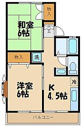 京王線 西調布駅 徒歩30分の賃貸アパート 2階2DKの間取り