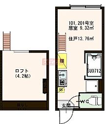 フェリス・ソレイユ壱番館 2階ワンルームの間取り