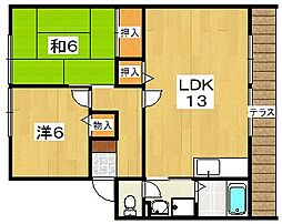 ラ・モンターニュ招提 1階2LDKの間取り