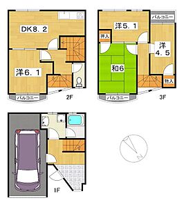 間取り：約94.5m2（車庫含む）ある5D戸建