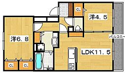 クレールくずは 2LDKの間取図画像