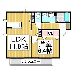 ボヌール上郷 2階1LDKの間取り