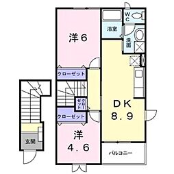 ファミーユ古里B 2階2DKの間取り