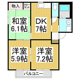 西上田ハイツ1 3DKの間取図画像