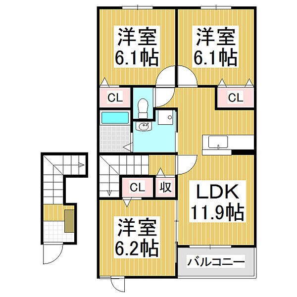 長野県松本市城山(賃貸アパート3LDK・2階・68.06㎡)の写真 その2