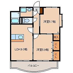 フェリスタ舞鶴 2階2LDKの間取り