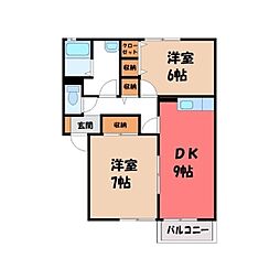 JR東北本線 小山駅 バス15分  西坪公園東下車 徒歩6分の賃貸アパート 1階2DKの間取り