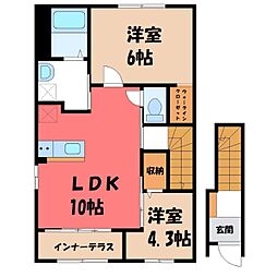 東武宇都宮線 新栃木駅 徒歩18分の賃貸アパート 2階2LDKの間取り