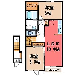 JR両毛線 栃木駅 バス19分 くぬぎ山入口下車 徒歩12分の賃貸アパート 2階2LDKの間取り