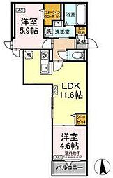 セレスティア六町II 2階2LDKの間取り