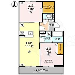 JR桜井線 帯解駅 徒歩20分の賃貸アパート 2階2LDKの間取り