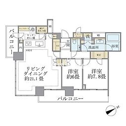 ブリリアタワー浜離宮 2LDKの間取図画像