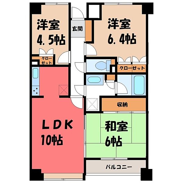 栃木県宇都宮市元今泉3丁目(賃貸マンション3LDK・3階・66.29㎡)の写真 その2